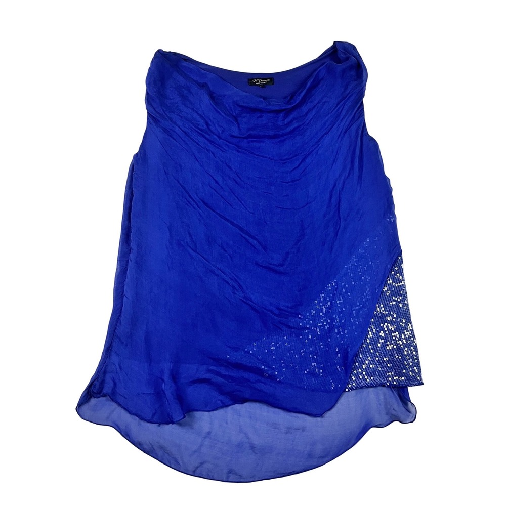 H Trend Italy Cobalt Blue 100% Silk Sequin Layered Cowl Neck Tank Top XL Chic